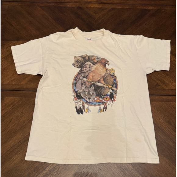 Anvil Other - Vintage Anvil Wolf Eagle Bear Dreamcatcher Graphic T-Shirt Men XL Cream USA Made